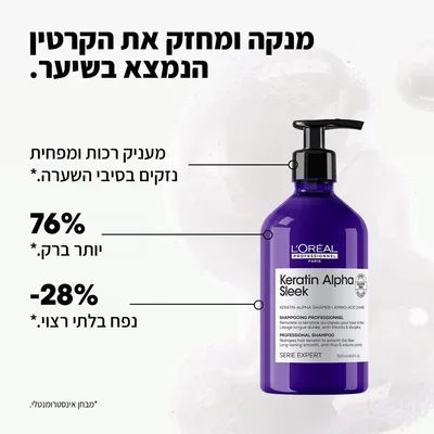לוריאל שמפו ללא מלחים קרטין אלפא סליק למראה שיער חלק ושליטה בנפח בלתי רצוי 500ML